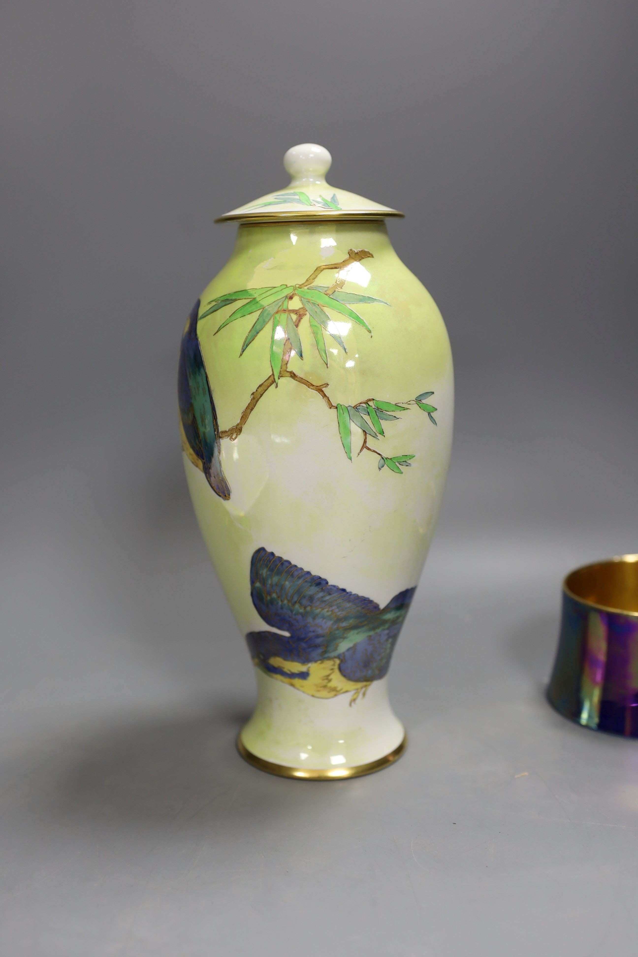 A Carlton ware lustre coffee set for six, two handled bowl, ash tray and ‘kingfisher’ vase and cover, 24cm tall